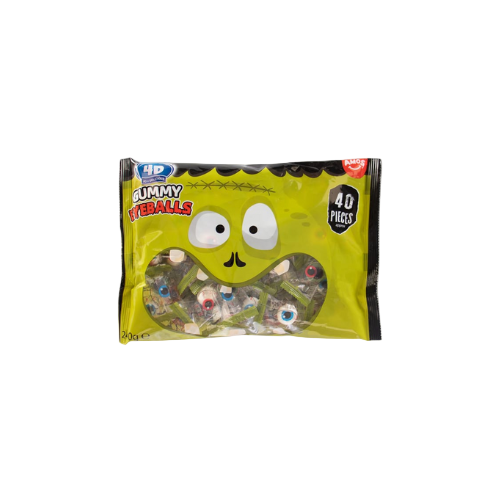 A colourful 40-pack of spooky eyeball-shaped gummy sweets, individually wrapped – ideal for Halloween fun or party treats.