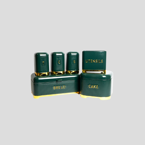 6-Piece Gift-Boxed Hunter Green Kitchen Set with Canisters, Utensil Store, Cake Tin & Bread Bin – Lovello – Only £100