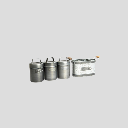 4-Piece Industrial Kitchen Storage Set – Galvanised Steel Utensil Holder & Tea, Coffee, Sugar Metal Canisters – Only £57