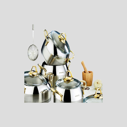 Venus Collection 8-Piece Stainless Steel Cookware Set with Gold Handles – Premium Quality – Only £230