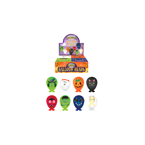 8-pack of Halloween balloon heads featuring assorted spooky face designs – skulls, witches, vampires, and pumpkins
