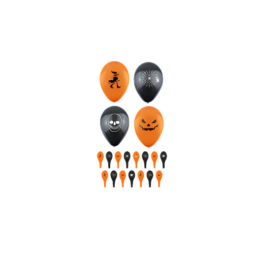 Pack of 8 Halloween balloons in orange and black with printed spooky designs – 23cm size