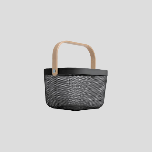 Home Collections Black Mesh Basket with Wooden Handle: Versatile & Stylish Storage