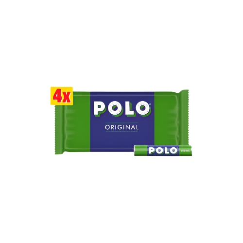 Four tubes of Polo Original Mints 34g each, classic mint packaging with iconic ring-shaped mints