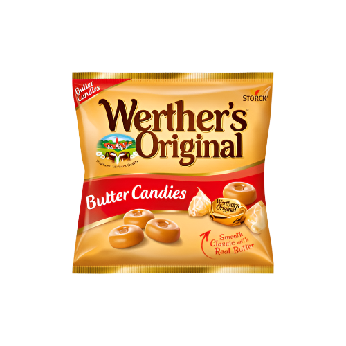 A 135g bag of Werther’s Original butter toffees with gold wrapping and caramel sweets displayed