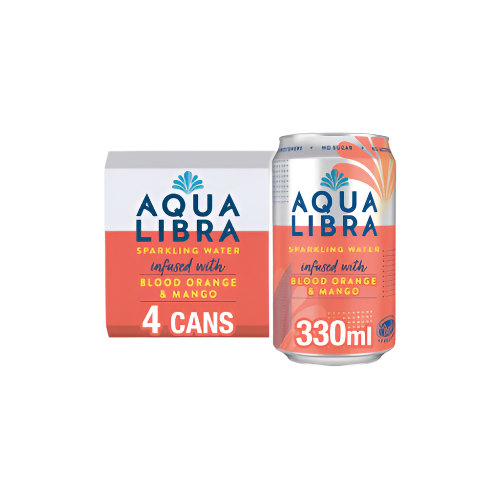 “Aqua Libra Sparkling Water Blood Orange & Mango – 4x330ml Cans on White Background”