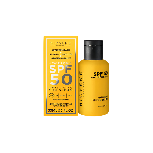 Biovène SPF50 Anti-Aging Sun Serum with Hyaluronic Acid – 30ml Skincare Bottle