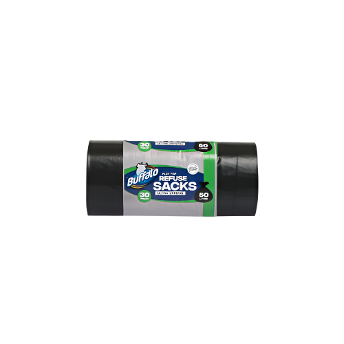 Buffalo Ultra Strong Flat Top Refuse Sacks – 50L Bin Bags (30 Pack) for Home, Kitchen, or Office Use