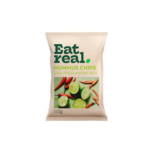 Eat Real Chilli Lime Hummus Chips 110g – Vegan Snack in Bright Green Pack