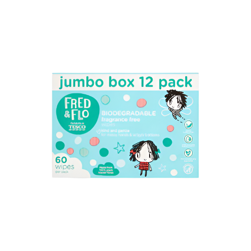Fred & Flo Biodegradable Baby Wipes (Fragrance-Free, 60 Wipes x 12 Packs) – Eco-Friendly & Gentle