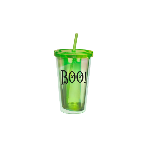 “Green Halloween Tumbler with ‘BOO!’ Print and Straw – Reusable Party Cup”