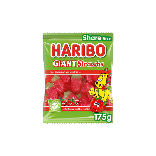 Haribo Giant Strawbs 175g – Soft, Chewy & Juicy Strawberry Gummies
