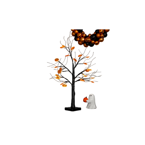 A spooky-themed LED pumpkin tree with glowing orange pumpkins on branching limbs, perfect for Halloween décor.