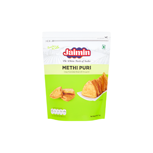 "Jaimin Methi Puri 200g – Crispy Indian fenugreek snack available in UK"