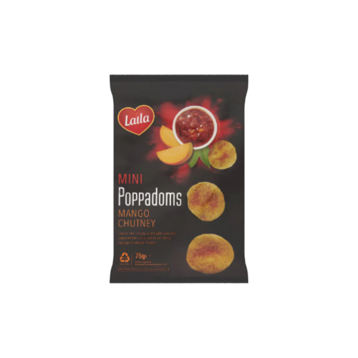 Laila Mini Poppadoms Mango Chutney 75g – Crispy, Tangy, and Delicious Indian Snack.