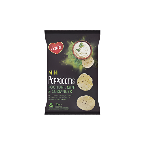 Laila Mini Poppadoms Yogurt Mint & Coriander 75g – Crispy Indian Snack