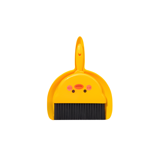 Yellow plastic mini dustpan and brush set with cartoon chicken face design – compact 20.5 x 16 cm cleaning tool