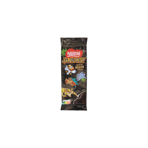 A 90g bar of Nestlé Jungly dark chocolate with embedded biscuit pieces in eco-style packaging.