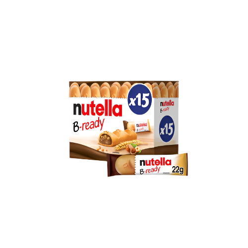 Front-facing image of a branded box of Nutella B-Ready Chocolate Wafers (15-pack), with individual wafer bars displayed, showcasing crispy shell and Nutella filling.