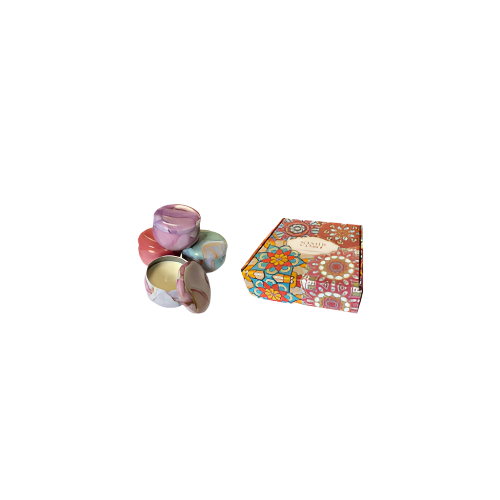 Scented candles in metal jars with coloured marble print – 4-pack in gift box, 7 × 4.5 cm each