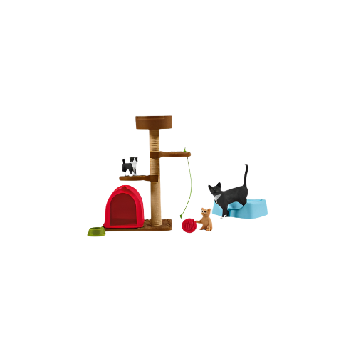 SCHLEICH Farm World Playtime for Cute Cats Toy Playset – 3 Cat Figures with Tunnel and Beds