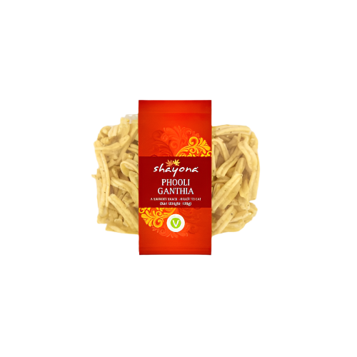 Packet of Shayona Phooli Ganthia 170g showing airy Indian snack sticks in golden colour, placed against a white background