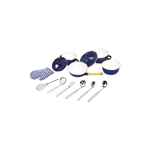 Tidlo 13 Piece Kitchenware Set with 4 Enamel-Coated Pots & Pans – Pretend Play Set for Kids