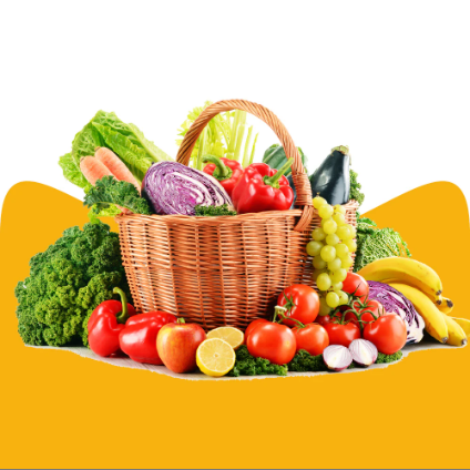 Basket of Indian groceries including fresh vegetables, spices and snacks on a wooden table—perfect for online shopping UK