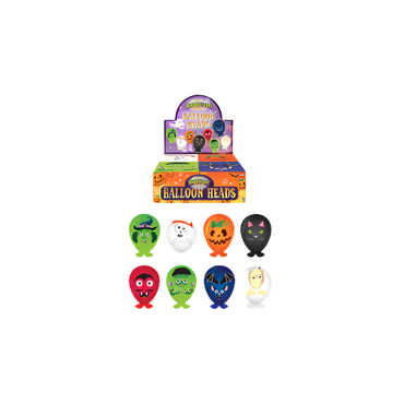 8-pack of Halloween balloon heads featuring assorted spooky face designs – skulls, witches, vampires, and pumpkins

