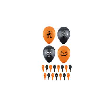 Pack of 8 Halloween balloons in orange and black with printed spooky designs – 23cm size

