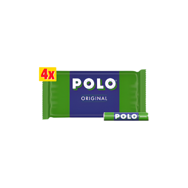 Four tubes of Polo Original Mints 34g each, classic mint packaging with iconic ring-shaped mints

