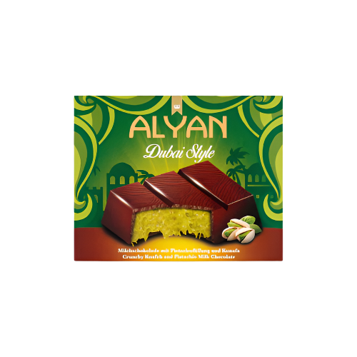 Alyan Dubai Pistachio Chocolate Bar 100g – Luxurious chocolate with whole pistachios in elegant packaging

