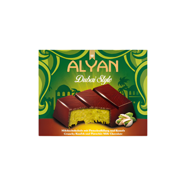 Alyan Dubai Pistachio Chocolate Bar 100g – Luxurious chocolate with whole pistachios in elegant packaging

