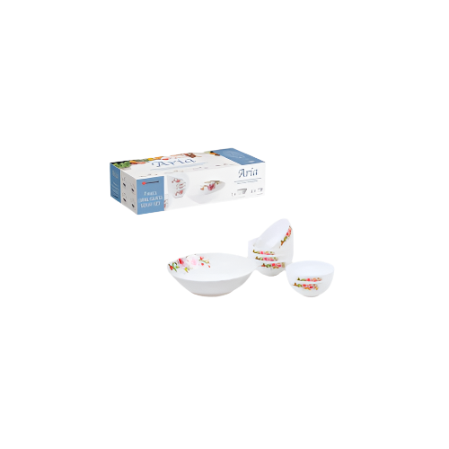 Aria Opal Glass Soup Set of 7 – White Pink Floral Design for Elegant Dining

