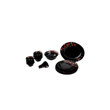 Durane 33-Piece Opal Glass Dinner Set – Frilled Black Plates, Bowls & Spoons for 6


