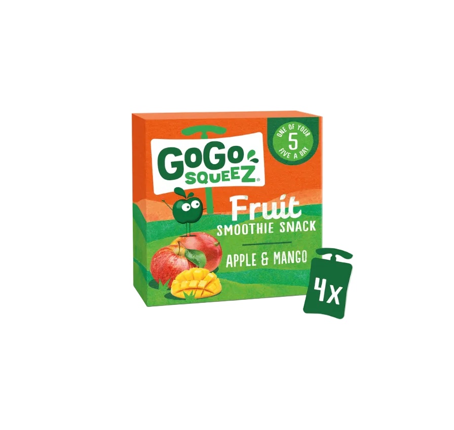 Box of GoGo SqueeZ Apple & Mango fruit smoothie snack on a white background

