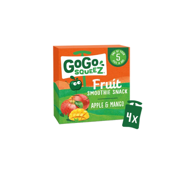 Box of GoGo SqueeZ Apple & Mango fruit smoothie snack on a white background

