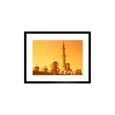 Golden Mosque Domes at Sunset – Dubai Photograph in Black Frame (9x7") – Islamic Wall Art Print

