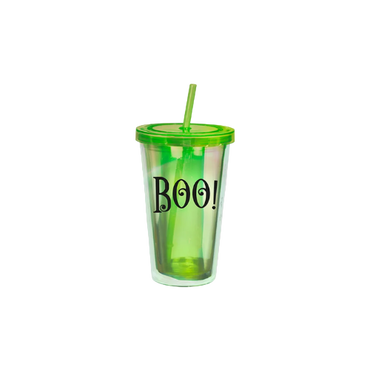 “Green Halloween Tumbler with ‘BOO!’ Print and Straw – Reusable Party Cup”