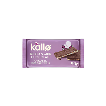 Kallo Organic Belgian Milk Chocolate Rice Cake Thins 90g | Light, Crispy & Chocolatey Snack

