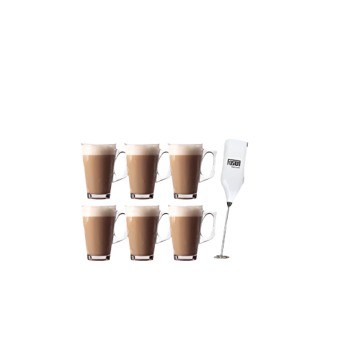 Set of 6 Latte Coffee Glasses 240ml with Free Milk Frother – Heat-Resistant Drinkware

