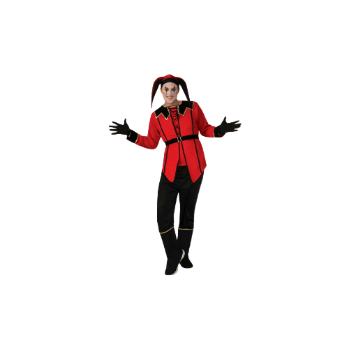 Red and black men’s court jester costume with hat, perfect for Halloween or party wear, size XL/XXL.

