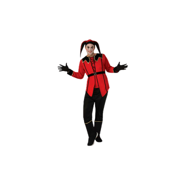 Red and black men’s court jester costume with hat, perfect for Halloween or party wear, size XL/XXL.

