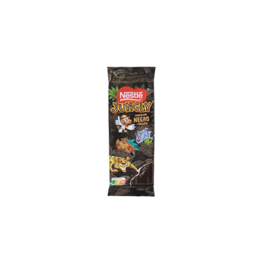 A 90g bar of Nestlé Jungly dark chocolate with embedded biscuit pieces in eco-style packaging.