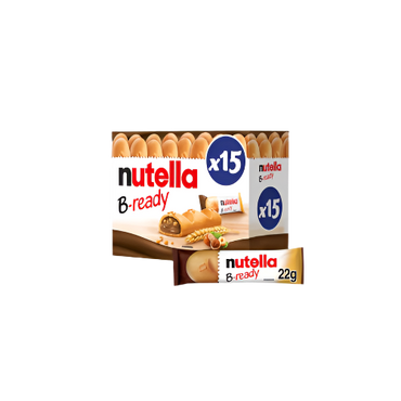Front-facing image of a branded box of Nutella B-Ready Chocolate Wafers (15-pack), with individual wafer bars displayed, showcasing crispy shell and Nutella filling.

