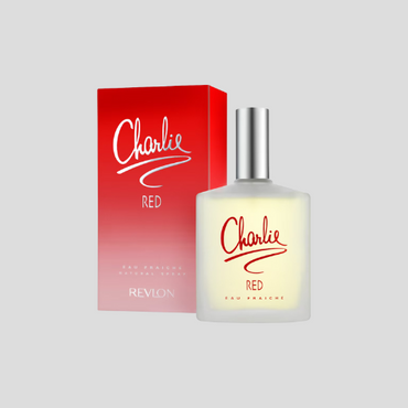 Close-up of Revlon Charlie Red perfume bottle highlighting the chic details