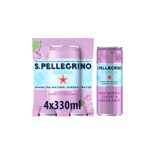 “San Pellegrino Essenza Cherry & Pomegranate 4‑pack of 330 ml cans on white background”


