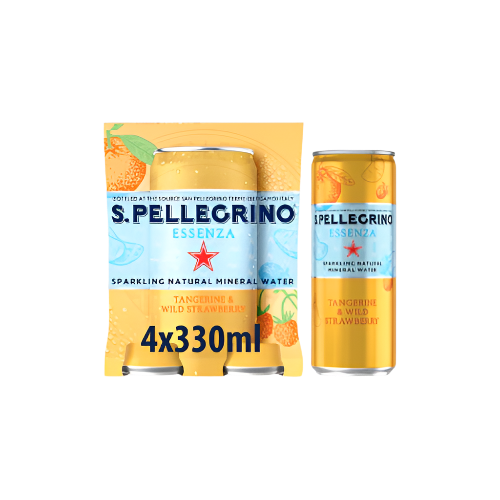 “San Pellegrino Essenza Tangerine & Strawberry 4-pack 330ml sparkling water cans”

