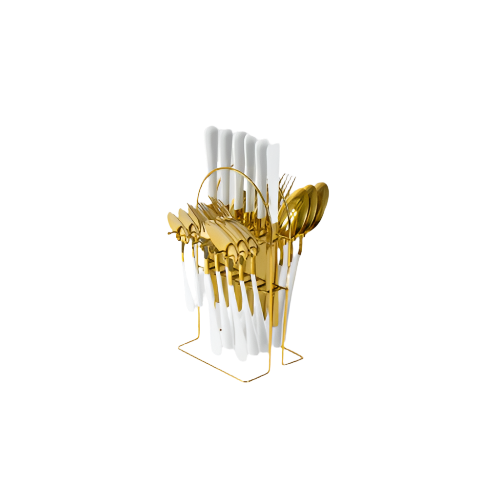 SQ Durane Gold & White 25-Piece Cutlery Set with Rotating Stand – Elegant Stainless Steel Flatware

