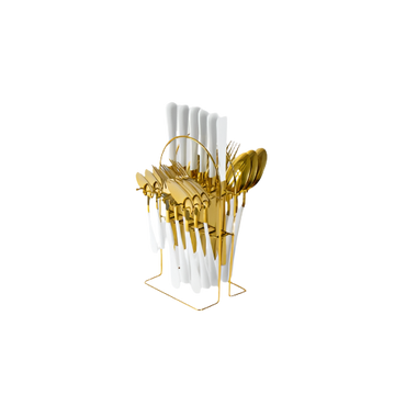 SQ Durane Gold & White 25-Piece Cutlery Set with Rotating Stand – Elegant Stainless Steel Flatware

